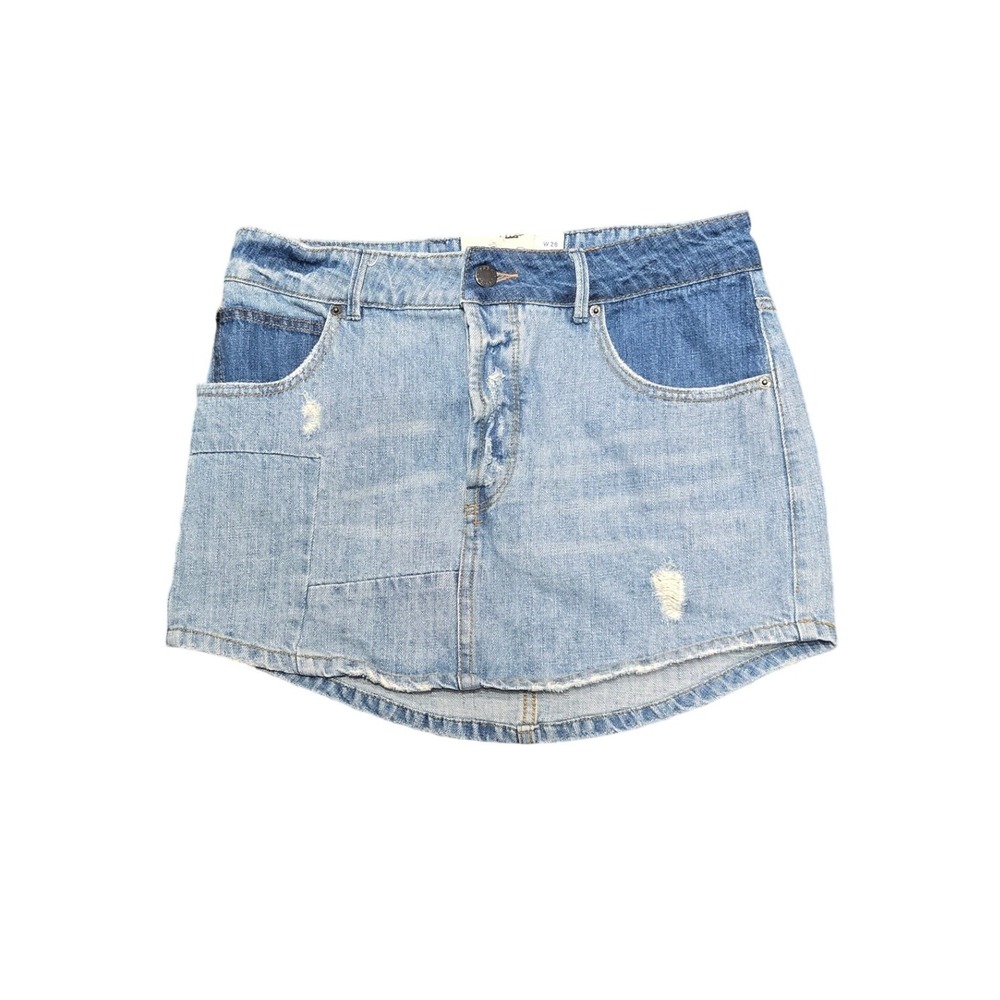 Free People Denim Mini Skirt Womens 28 Blue Patchwork Distressed Raw Hem